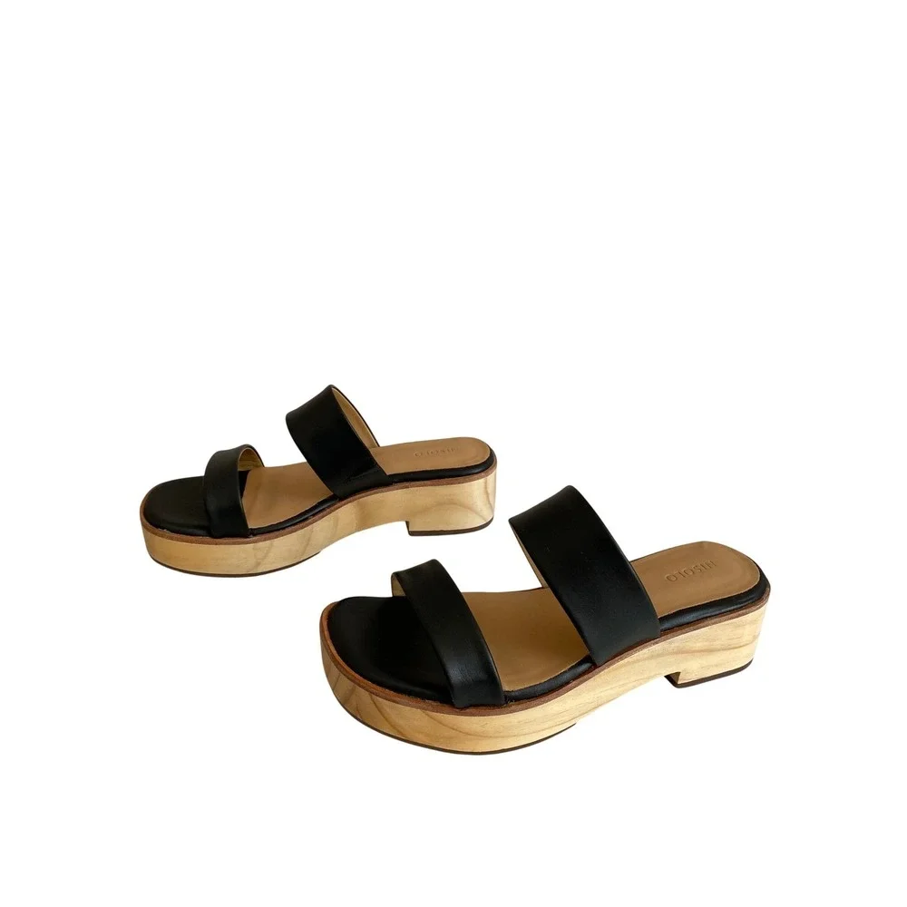 Nisolo NEW Double Strap Wood Bottom Heels Sandal Black Leather Slide Women‎ 7.5